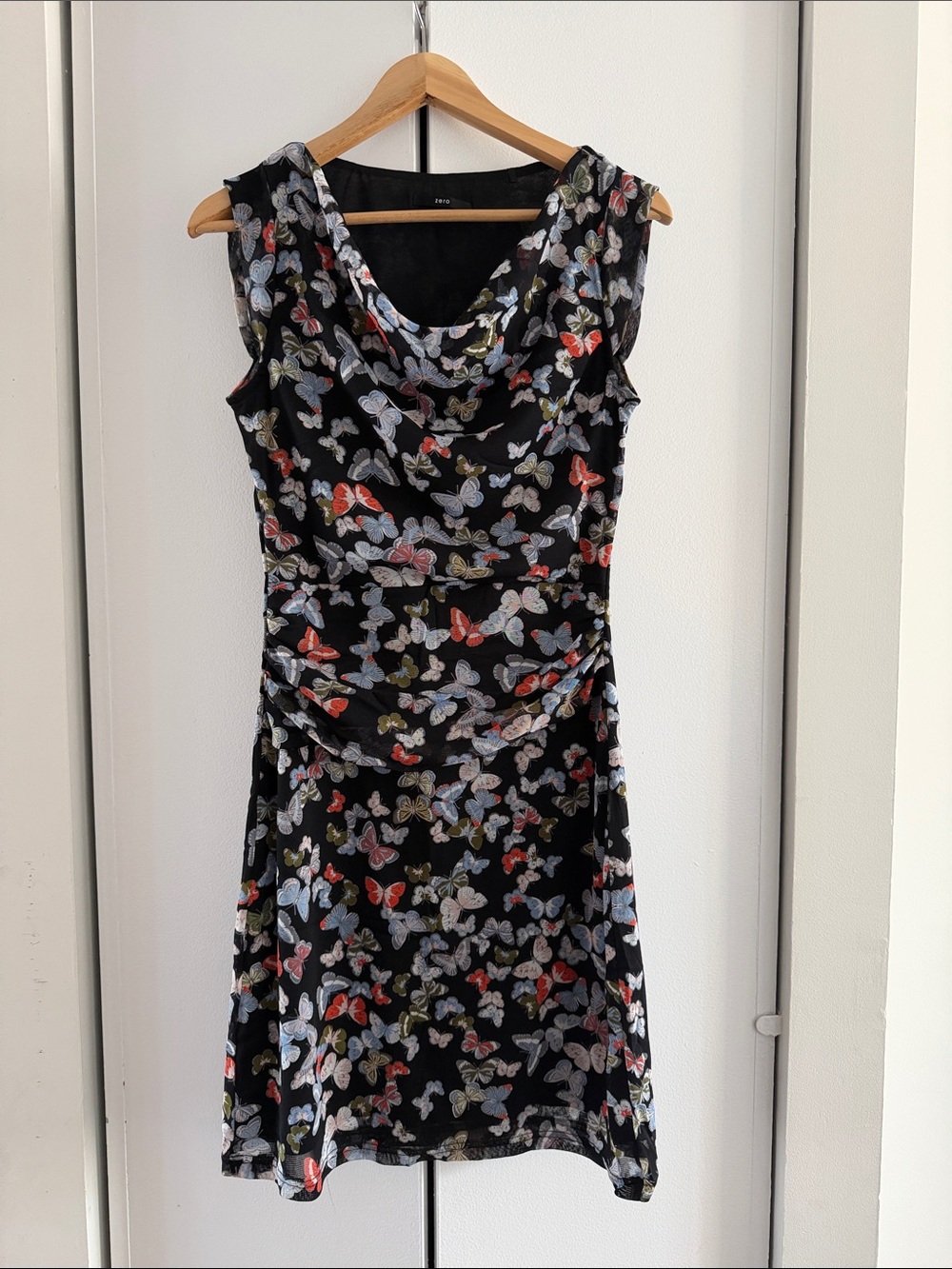 Black Butterfly-Print Sleeveless Cowl Dress